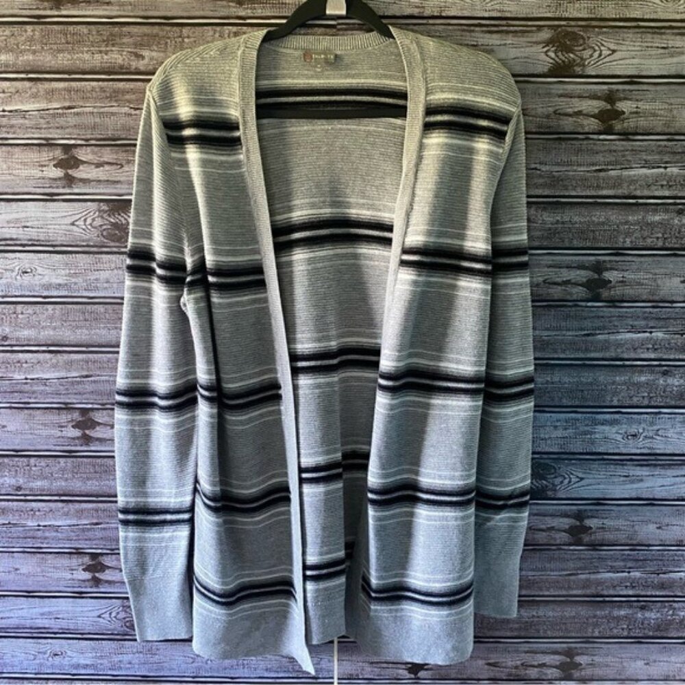 Talbots Women's Open-Front Cardigan Sweater Size M Gray Striped Elbow Patches